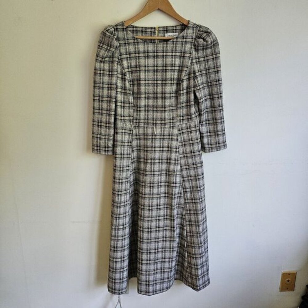 CALVIN KLEIN Womens Beige Plaid Puff Sleeve Midi Shift Dress Plus Sz 4